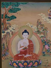Buddhist [karma Gadri Art], Handmade Thangka Of Vairochana Buddha, [real Gold, Hand Painted], Supported By Manjushri And Vajrapani