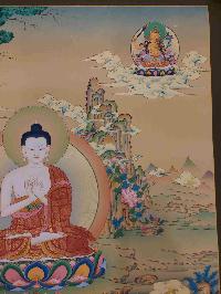 Buddhist [karma Gadri Art], Handmade Thangka Of Vairochana Buddha, [real Gold, Hand Painted], Supported By Manjushri And Vajrapani