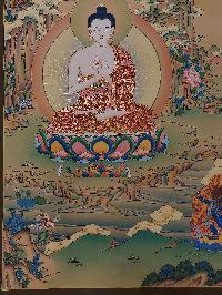 Buddhist [karma Gadri Art], Handmade Thangka Of Vairochana Buddha, [real Gold, Hand Painted], Supported By Manjushri And Vajrapani