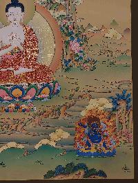 Buddhist [karma Gadri Art], Handmade Thangka Of Vairochana Buddha, [real Gold, Hand Painted], Supported By Manjushri And Vajrapani