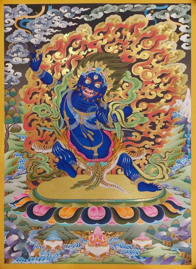 Buddhist Handmade Thangka Of Vajrapani [chana Dorje], [chana Dorje], [real Gold, Hand Painted]
