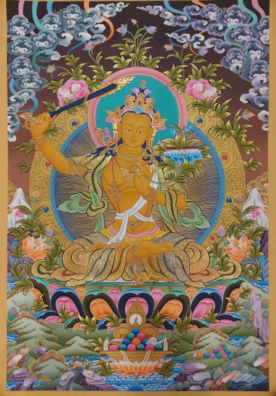 Buddhist Handmade Thangka Of Manjushri, Manjushree, [real Gold, Hand Painted]