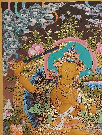 Buddhist Handmade Thangka Of Manjushri, Manjushree, [real Gold, Hand Painted]