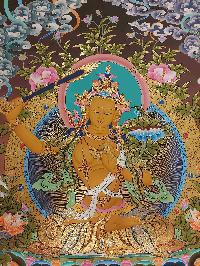 Buddhist Handmade Thangka Of Manjushri, Manjushree, [real Gold, Hand Painted]