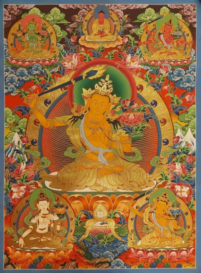 Buddhist Handmade Thangka Of Manjushri, Manjushree [real Gold, Hand Painted]