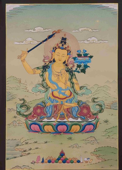 [karma Gadri Art], Handmade Thangka Of Manjushree [real Gold, Hand Painted]