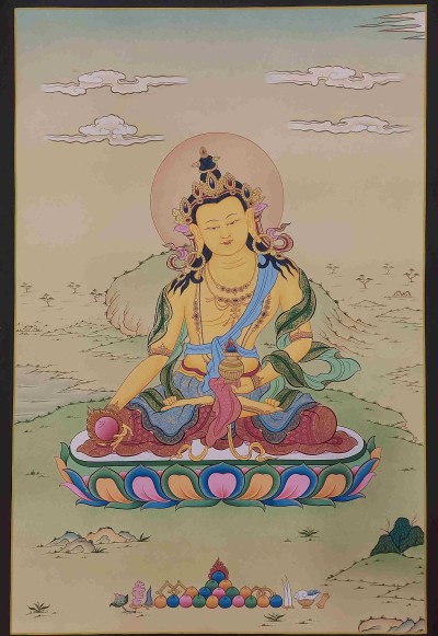 [karma Gadri Art], Buddhist Handmade Thangka Of Ksitigarbha [real Gold, Hand Painted]