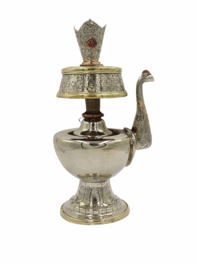 Copper Silver Plated Bhumpa- Bhumba Offering Bowl Set With Stand, [silver Plated], [medium]