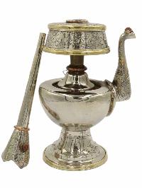 Copper Silver Plated Bhumpa- Bhumba Offering Bowl Set With Stand, [silver Plated], [medium]