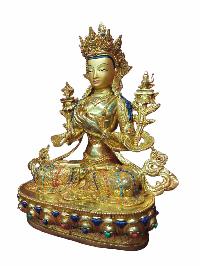 Buddhist Handmade Statue Of Maitreya Buddha [full Gold Plated, Stone Setting, Face Painted]