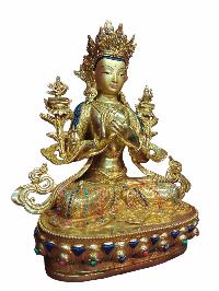 Buddhist Handmade Statue Of Maitreya Buddha [full Gold Plated, Stone Setting, Face Painted]
