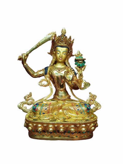 Buddhist Handmade Statue Of Manjushree [full Gold Plated, Stone Setting, Face Painted]