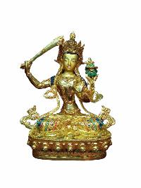 Buddhist Handmade Statue Of Manjushree [full Gold Plated, Stone Setting, Face Painted]
