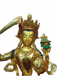 Buddhist Handmade Statue Of Manjushree [full Gold Plated, Stone Setting, Face Painted]