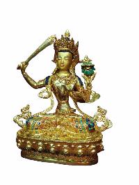 Buddhist Handmade Statue Of Manjushree [full Gold Plated, Stone Setting, Face Painted]