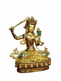 Buddhist Handmade Statue Of Manjushree [full Gold Plated, Stone Setting, Face Painted]