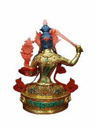 Buddhist Handmade Statue Of Manjushree [full Gold Plated, Stone Setting, Face Painted]