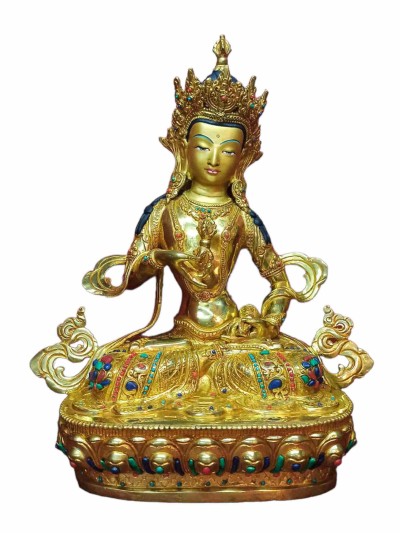 Buddhist Handmade Statue Of Vajrasattva [full Gold Plated, Stone Setting, Face Painted]