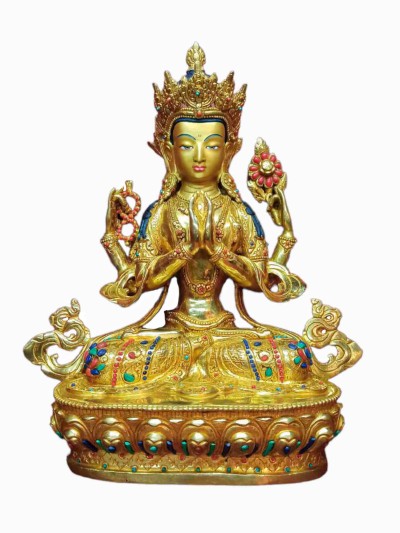 Buddhist Handmade Statue Of Chenrezig, [full Gold Plated, Stone Setting, Face Painted]