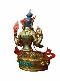 Buddhist Handmade Statue Of Chenrezig, [full Gold Plated, Stone Setting, Face Painted]