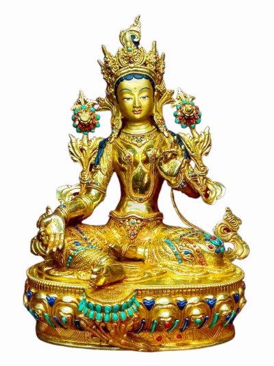 Buddhist Handmade Statue Of Green Tara, [full Fire Gold Plated, Stone Setting, Face Painted]