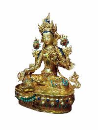 Buddhist Handmade Statue Of Green Tara, [full Fire Gold Plated, Stone Setting, Face Painted]