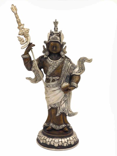 Buddhist Handmade Statue Of Standing [padmasambhava], [chocolate Oxidation] With Silver Plating