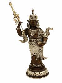 Buddhist Handmade Statue Of Standing [padmasambhava], [chocolate Oxidation] With Silver Plating