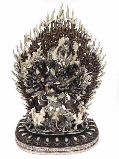 Buddhist Handmade Statue Of [yamantaka], [chocolate Oxidation] With Silver Plating, Megasambhara, Vajrabhairava Heruka