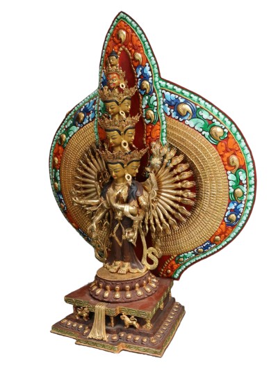 Buddhist Statue Of Sahasrabhuja Avalokitesvara, Partly Gold Plated Painted Face
