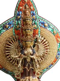 Buddhist Statue Of Sahasrabhuja Avalokitesvara, Partly Gold Plated Painted Face