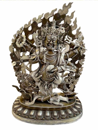Buddhist Statue Of [black Mahakala], Silver Plated Oxidized
