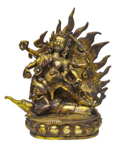 Buddhist Statue Of [black Mahakala], Full Gold Plated, Antique Finishing