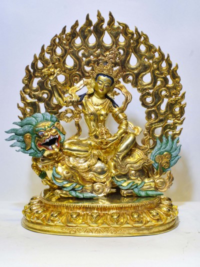 Buddhist Statue Of [lion Vajrasattav], Full Gold Plated Painted Face
