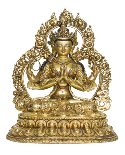 Buddhist Handmade Statue Of Chenrezig [full Fire Gold Plated], [face Painted]