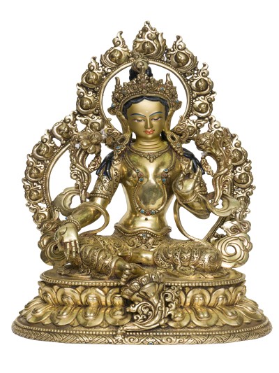 Buddhist Handmade Statue Of Green Tara [full Fire Gold Plated], [face Painted]