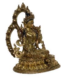 Buddhist Handmade Statue Of Green Tara [full Fire Gold Plated], [face Painted]
