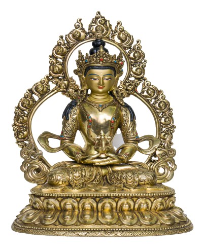 Buddhist Handmade Statue Of Aparimita [full Fire Gold Plated], [face Painted], Amitayus, Chepame