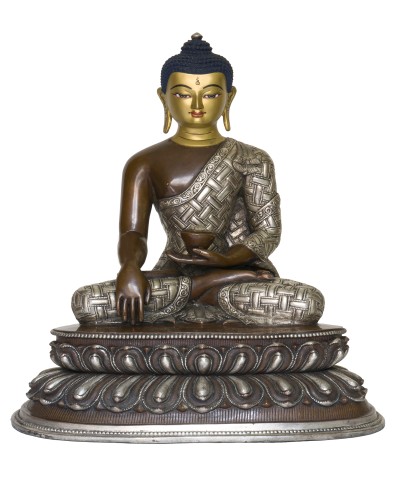 Buddhist Handmade Statue Of Shakyamuni Buddha [face Painted], [silver And Chocolate Oxidized]