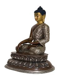 Buddhist Handmade Statue Of Shakyamuni Buddha [face Painted], [silver And Chocolate Oxidized]