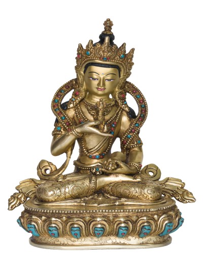 Buddhist Handmade Statue Of Vajrasattva [full Fire Gold Plated], [face Painted], [stone Setting]