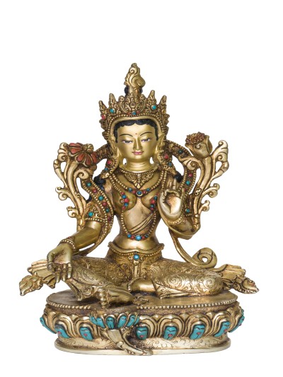 Buddhist Handmade Statue Of Green Tara [full Fire Gold Plated], [face Painted], [stone Setting]