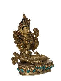 Buddhist Handmade Statue Of Green Tara [full Fire Gold Plated], [face Painted], [stone Setting]