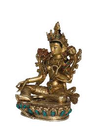 Buddhist Handmade Statue Of Green Tara [full Fire Gold Plated], [face Painted], [stone Setting]