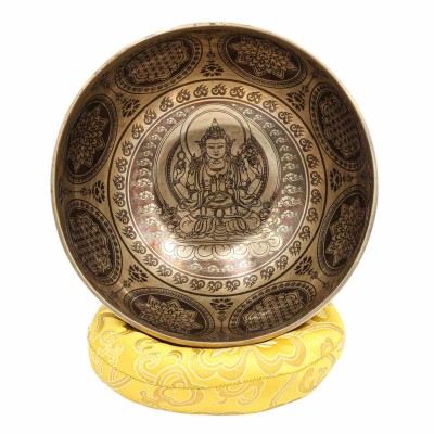 Buddhist Hand Beaten Jambati Singing Bowl, With Super Fine Etching Carving [antique], [select Accessories]