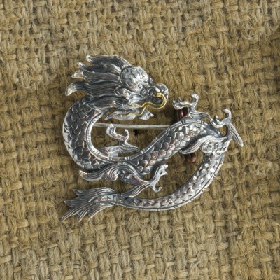 Classic Sterling Silver Dragon Theme Etched Brooch