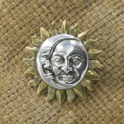 Classic Sterling Silver Sun And Moon Face Etched Brooch