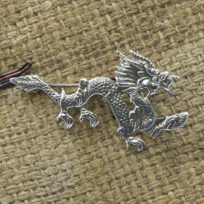 Classic Sterling Silver Dragon Design Etched Brooch