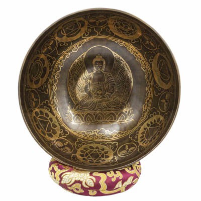 Buddhist Hand Beaten Jambati Singing Bowl, With Super Fine Etching Carving Of [amitabha Buddha], [select Accessories]