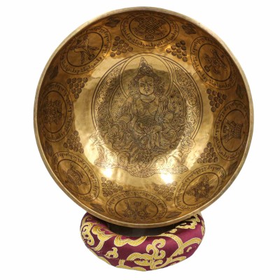 Buddhist Hand Beaten Jambati Singing Bowl, With Super Fine Etching Carving Of [yellow Jambhala], [select Accessories]